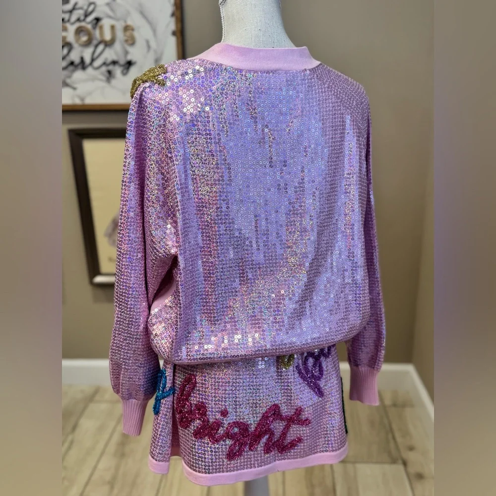 New! QUEEN OF SPARKLES Set! Pink Sequin Holiday Words Cardigan & Skirt Set - Picture 10 of 14